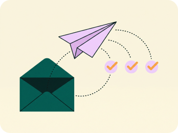 A paper plane leaving an open envelope with three checkmarks