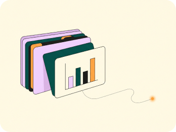 A stack of pitch deck slides with a bar chart on the front slide